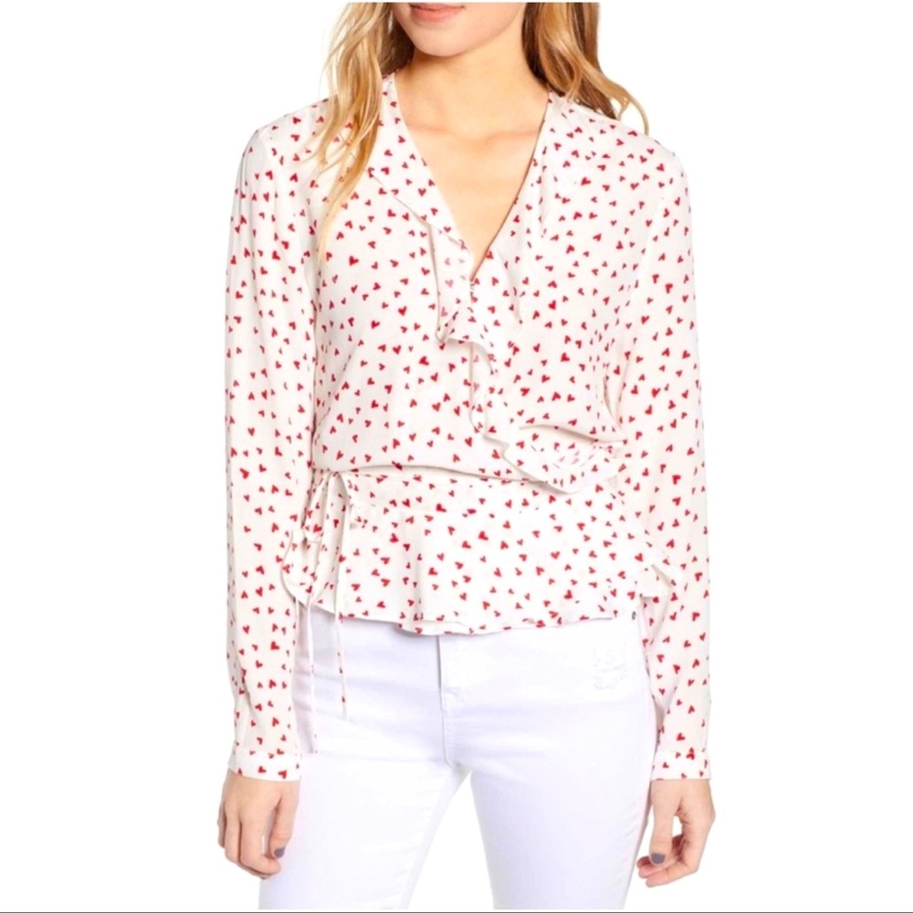 Rails Simone heart print ruffle wrap blouse red white tie waist peplum size S